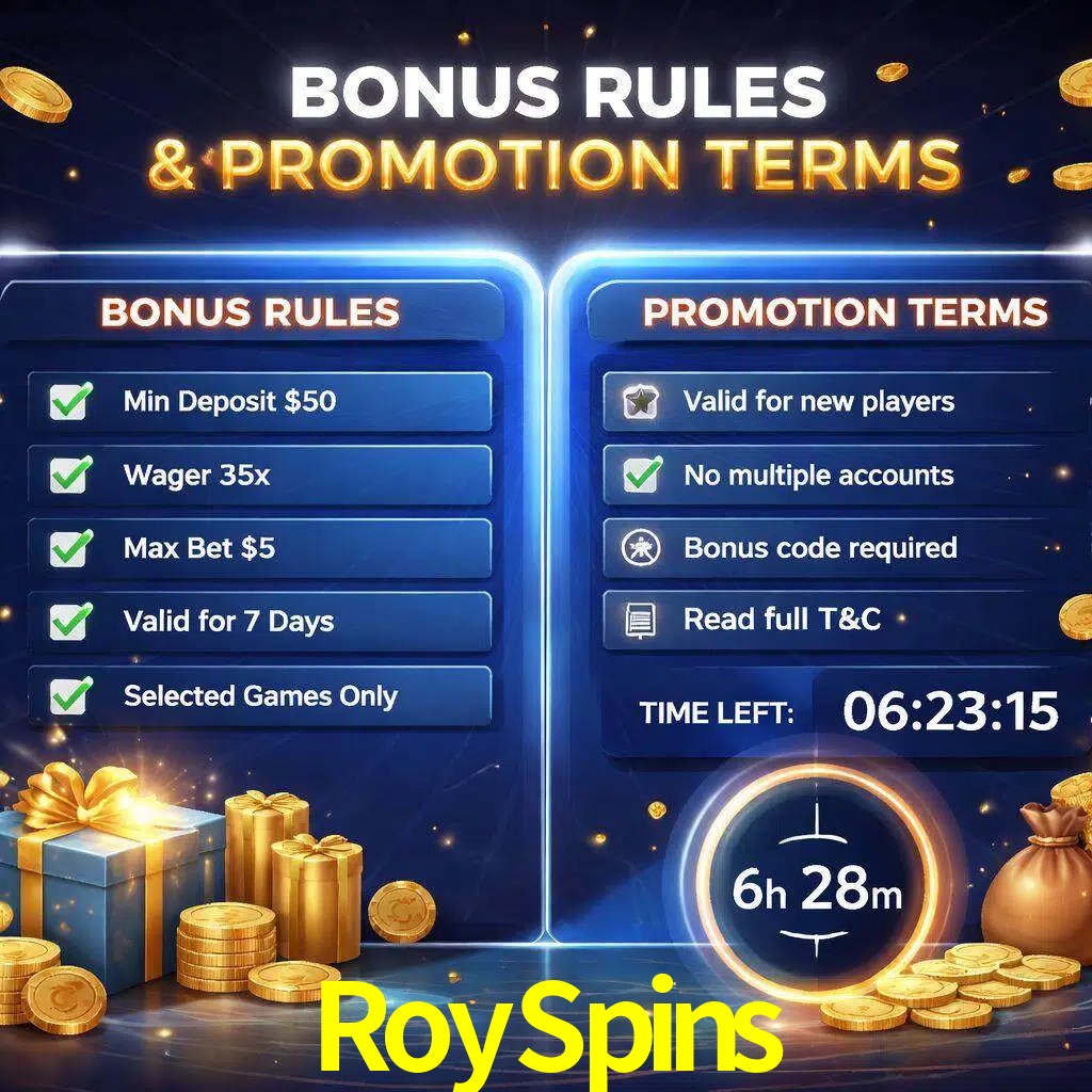 Reglas de promoción RoySpins y condiciones de bonos explicadas visualmente