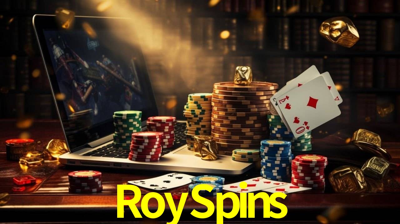 Escena dinámica inspirada en casino con iluminación RoySpins, cartas, fichas e íconos de juegos digitales en un espacio moderno de juegos.