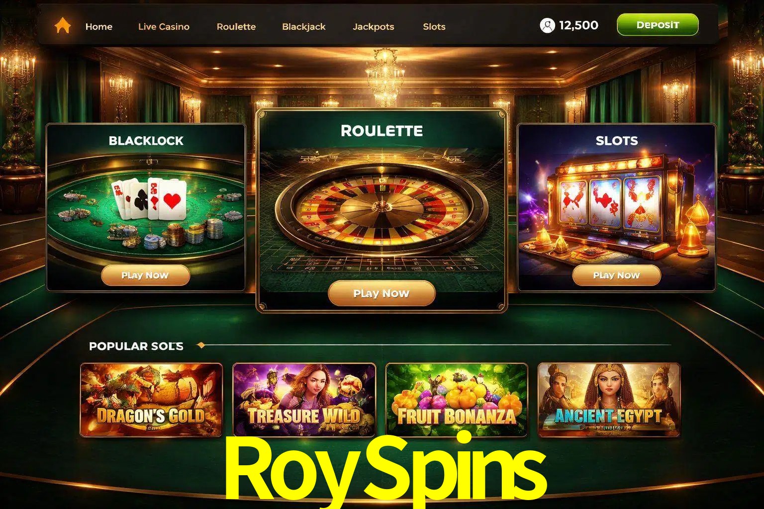 Vista de la plataforma RoySpins Casino mostrando categorías organizadas de juegos en línea