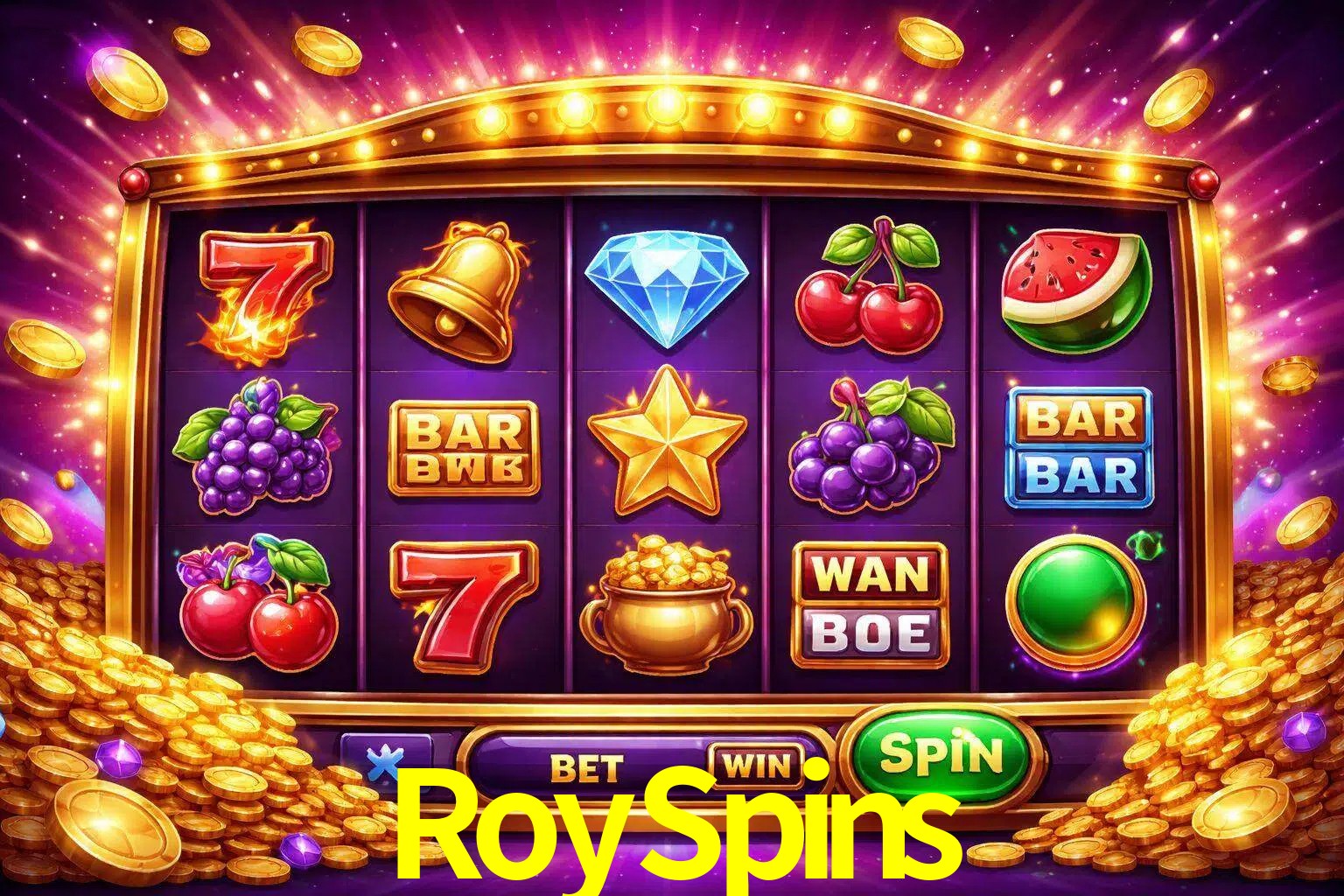 Una interfaz colorida de tragamonedas en línea con símbolos brillantes, monedas y un efecto de victoria celebratoria en RoySpins.