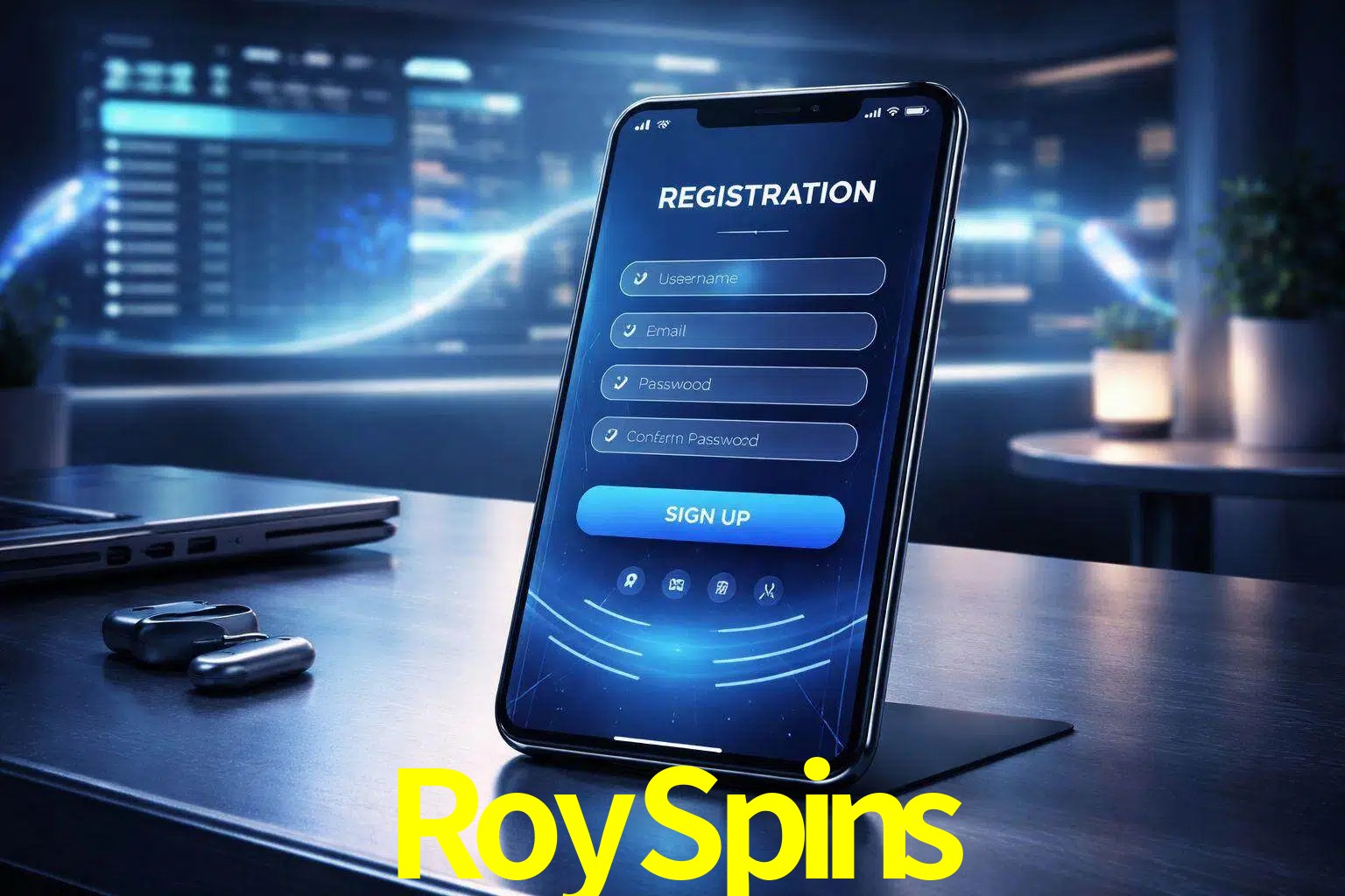 Una interfaz moderna de registro móvil para RoySpins mostrada en un smartphone con un panel de apuestas elegante.
